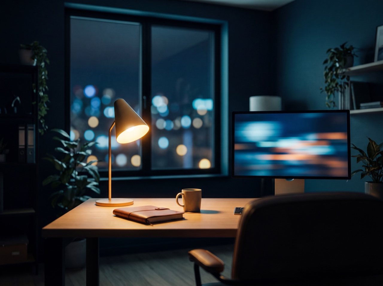 A professional services office at night
