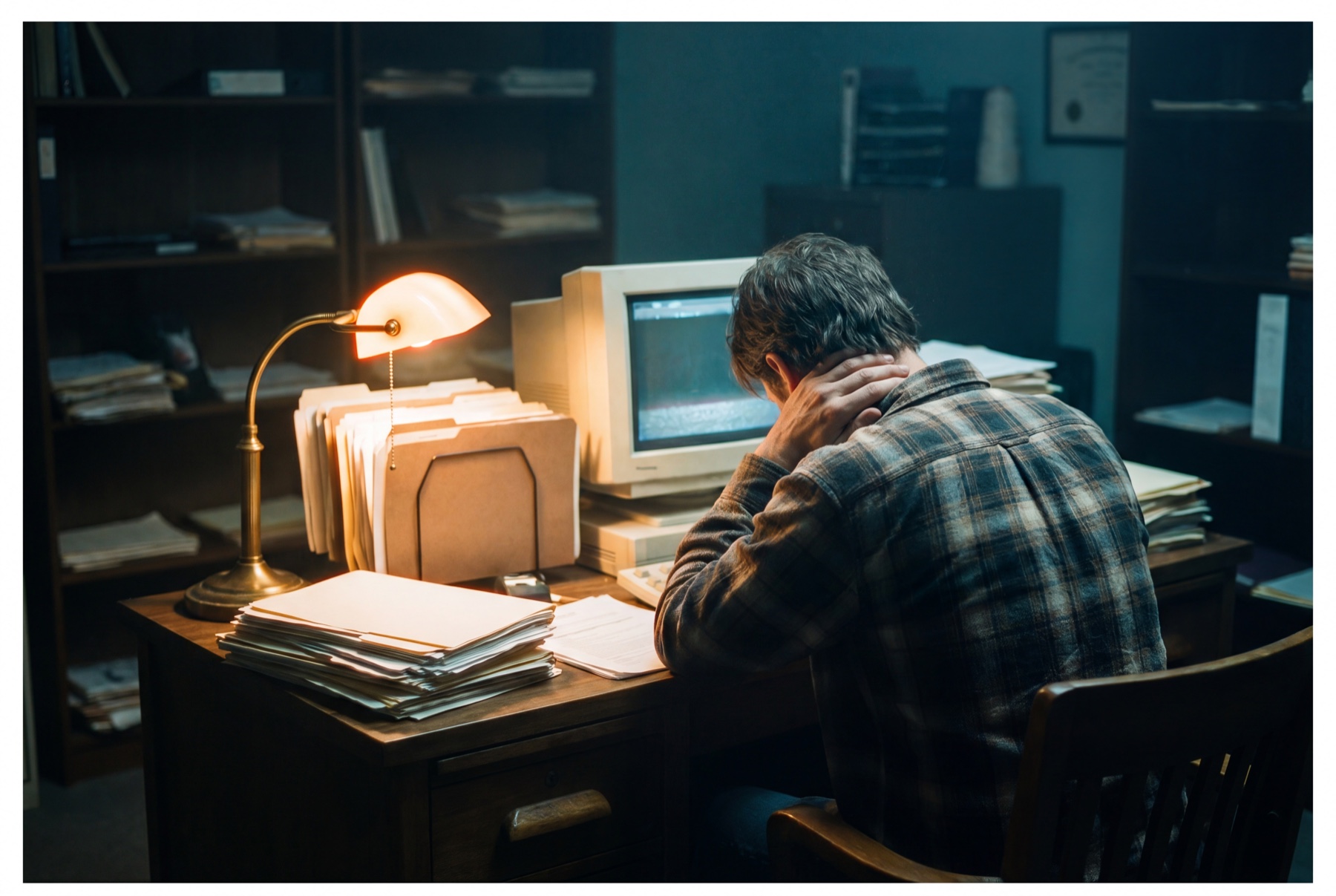 A small-business owner working alone late at night, surrounded by stacks of paperwork